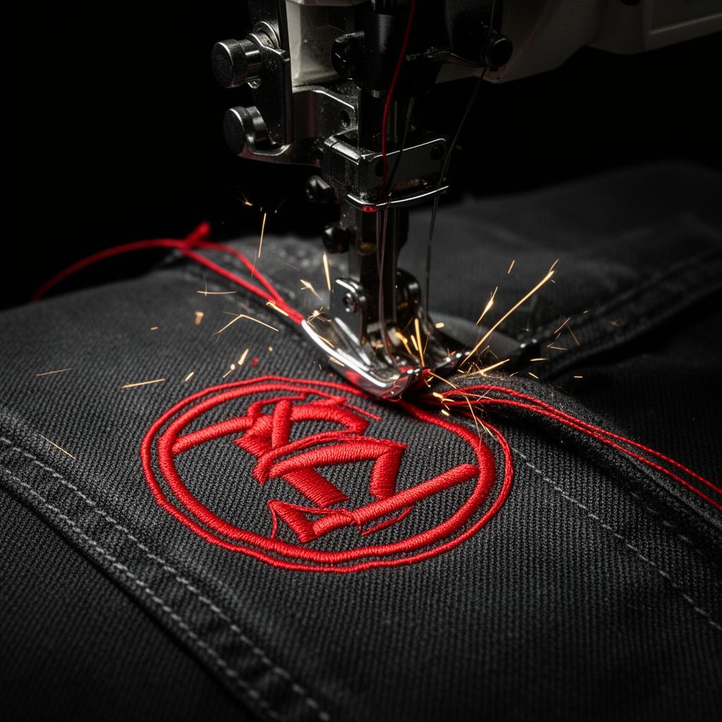 Macchina da ricamo industriale con filo rosso su tessuto nero